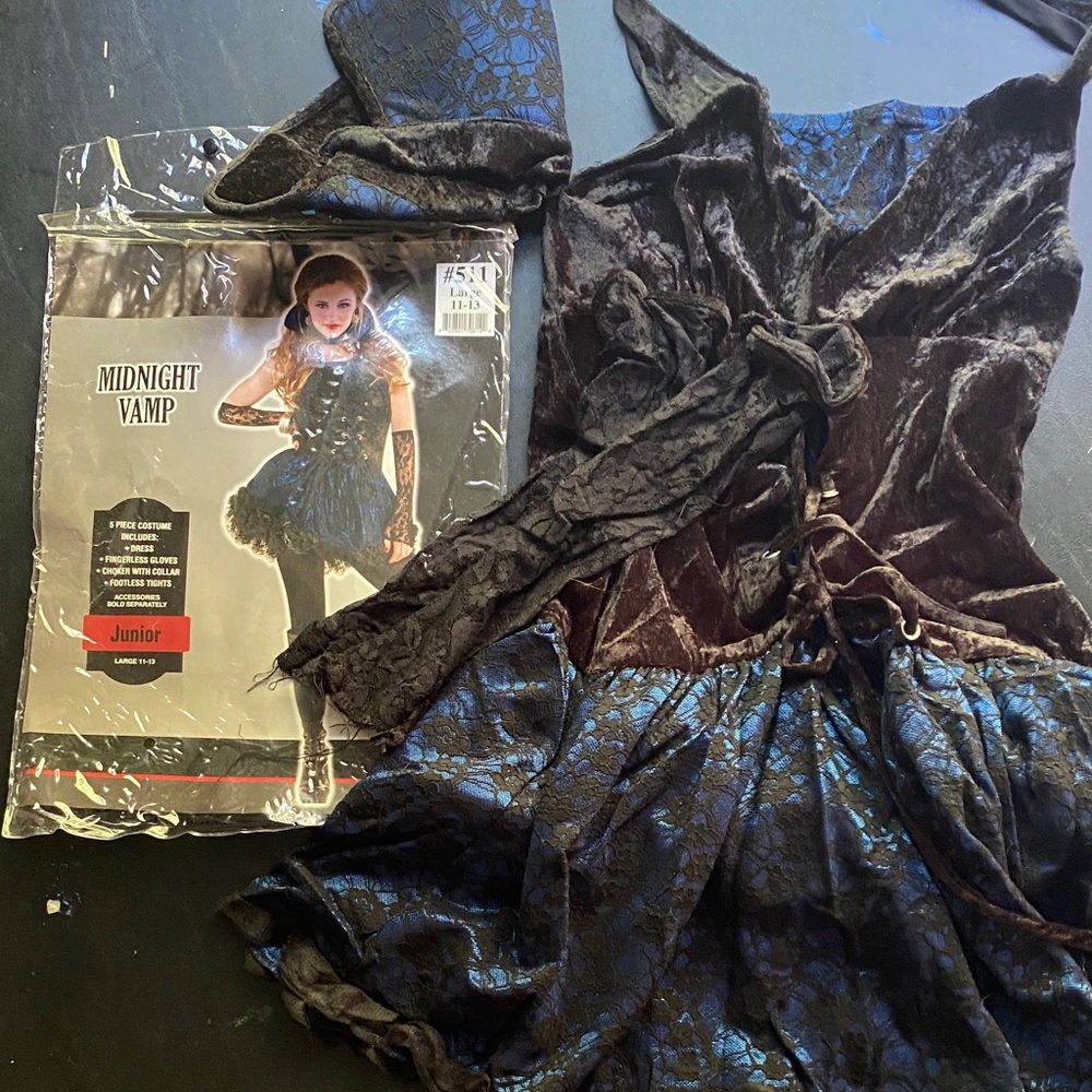 Gothic Goth midnight vamp Junior girls Halloween costume dress lace blue 11 13
